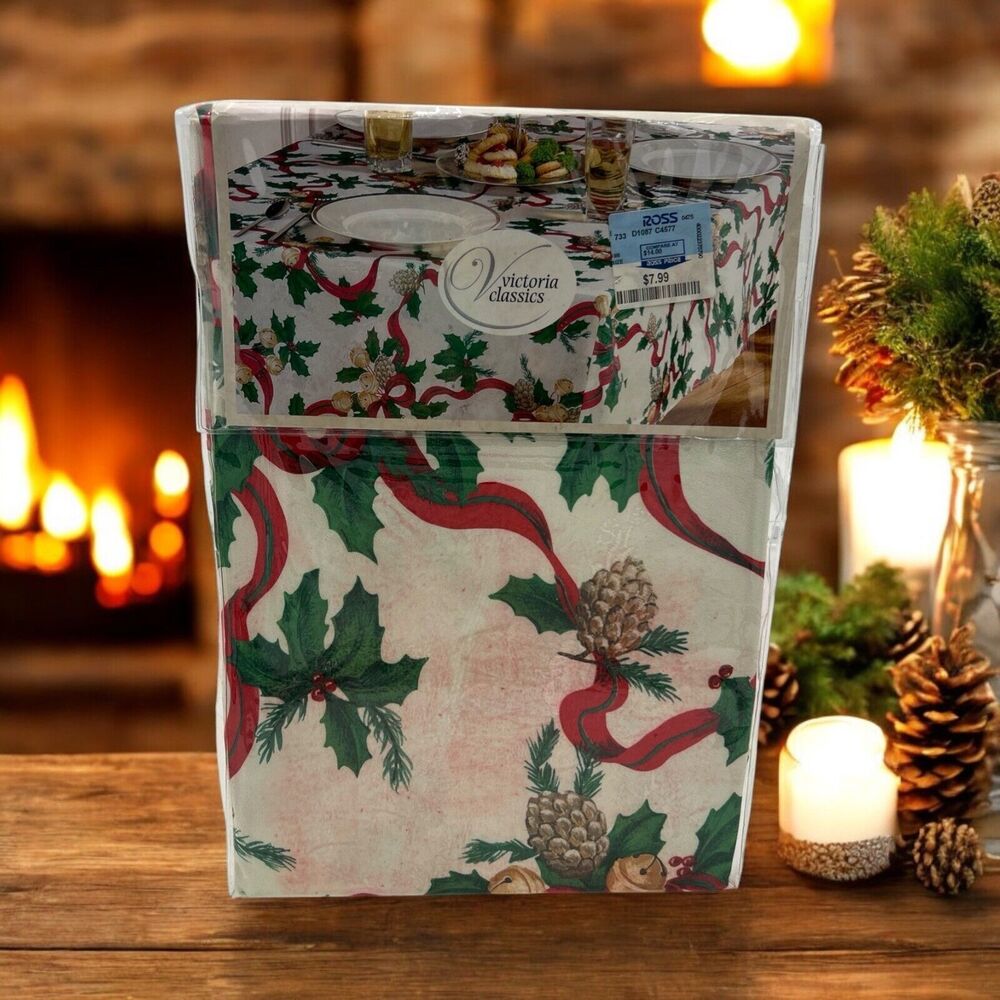 Victoria Classics Ribbon Bell Tablecloth Red Green Christmas Holiday 70” Round